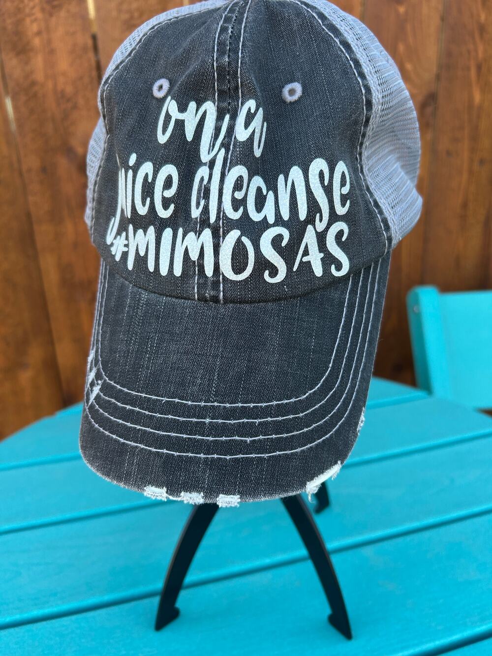 Distressed Charcoal Mesh Back with the Ultimate Weekend Mantra - Mimosas